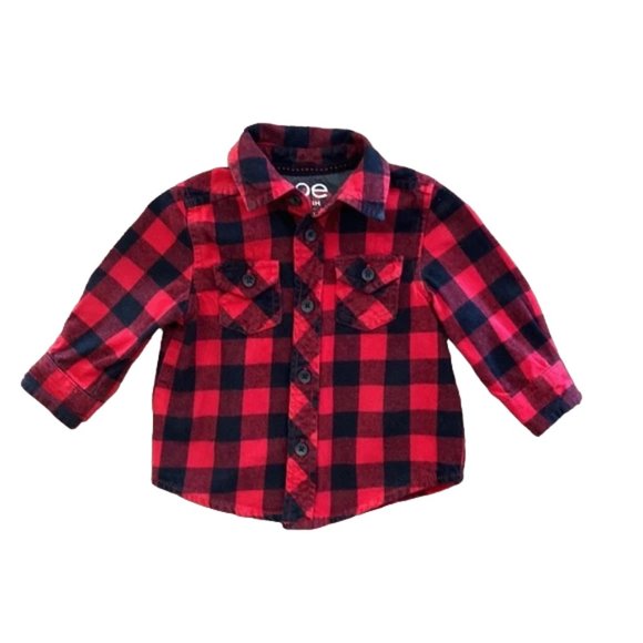 Joe Fresh Flannel Red Black Buffalo Plaid Button-Down Shirt 3-6 Months - Picture 6 of 7